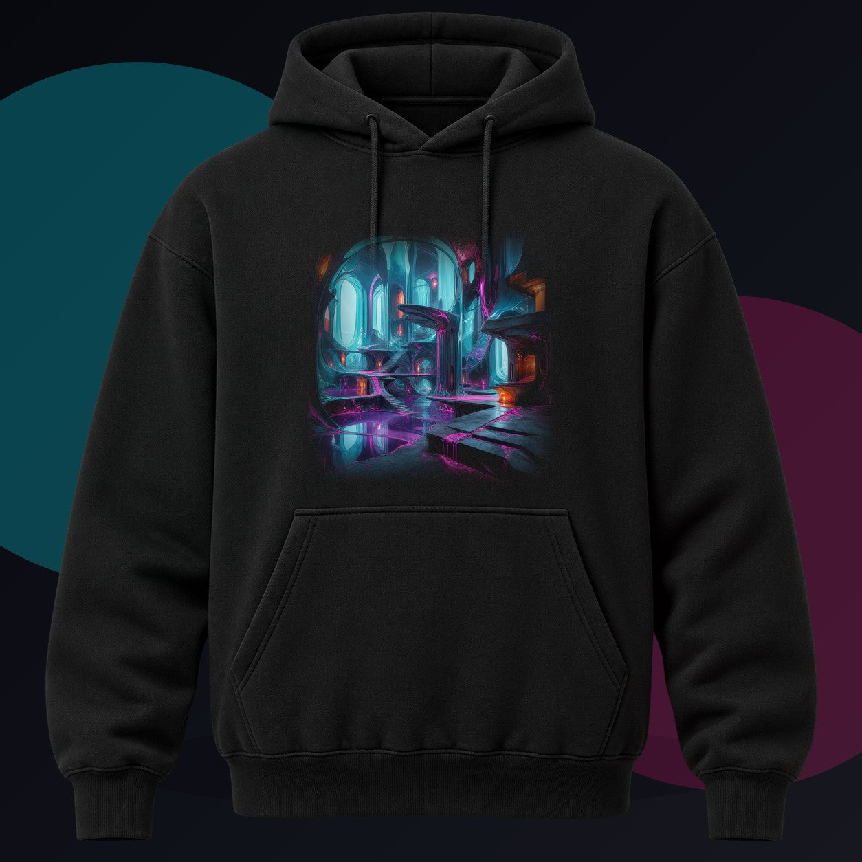 Cyan Suture Cathedral original KOSVYRE design on a black hoodie against a graphite studio background