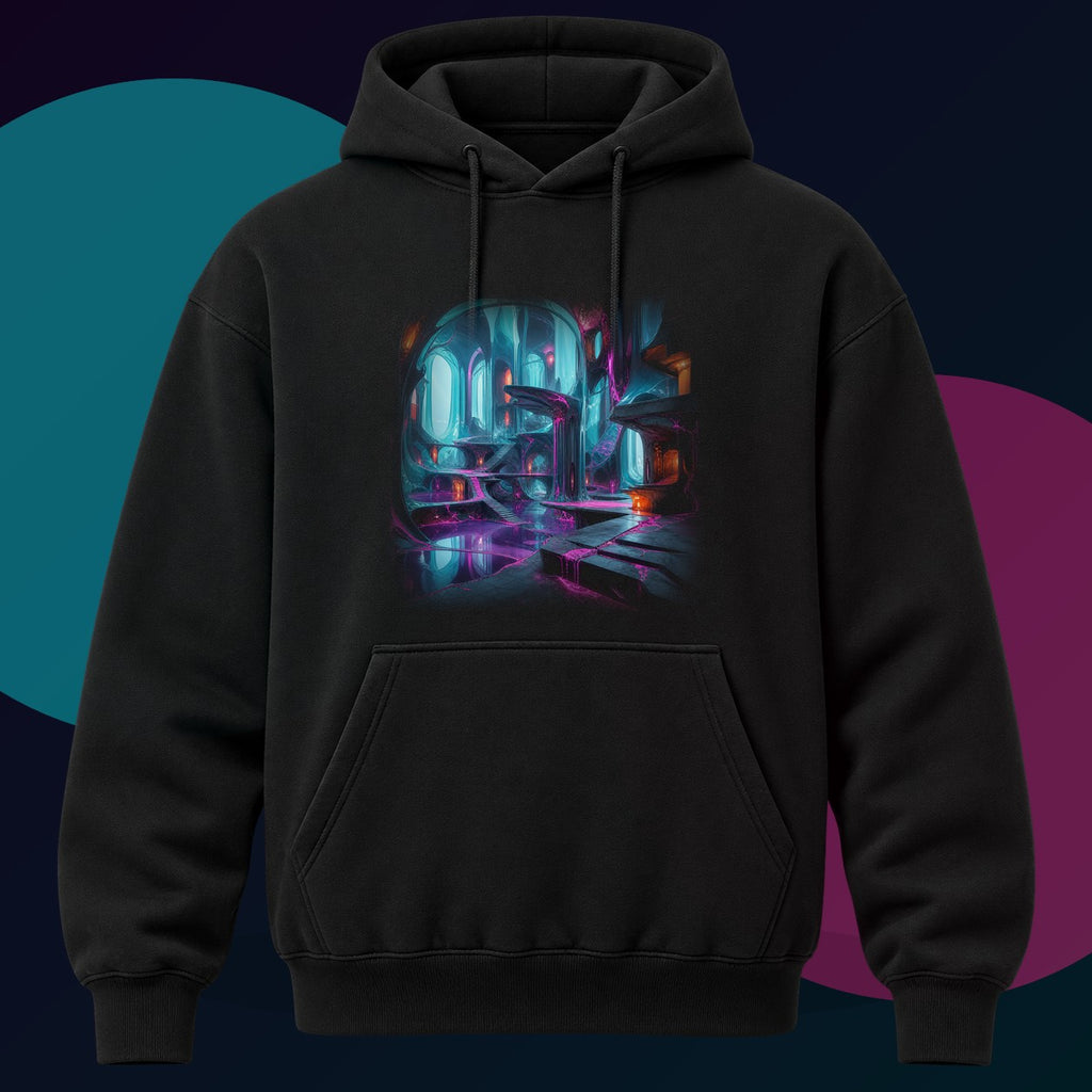 Cyan Suture Cathedral original KOSVYRE design on a black hoodie with cyan and violet studio lighting