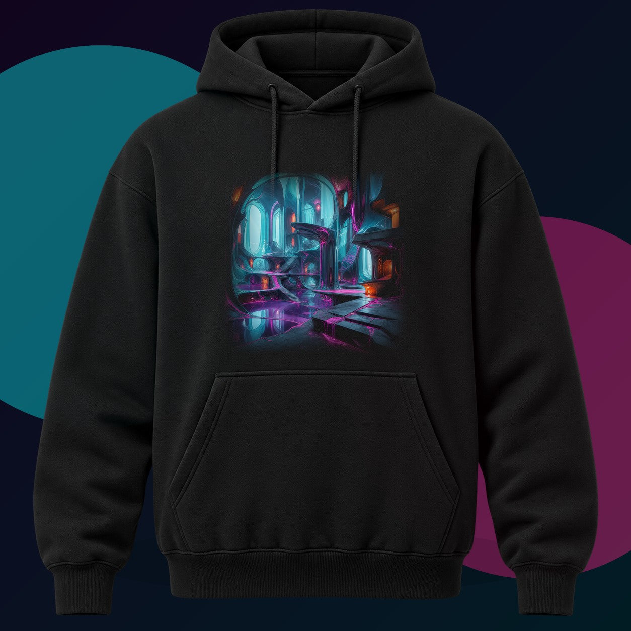 Cyan Suture Cathedral original KOSVYRE design on a black hoodie with cyan and violet studio lighting