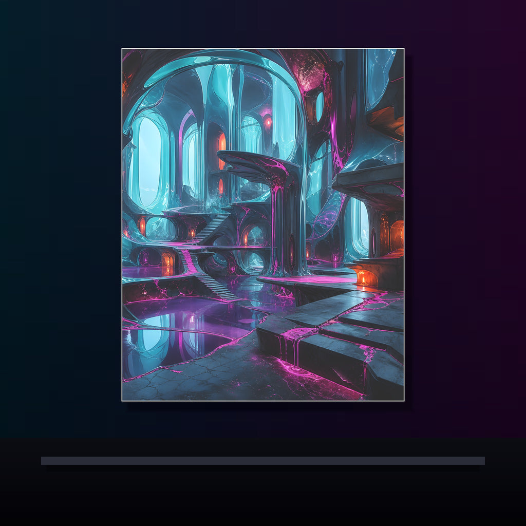 Cyan Suture Cathedral original KOSVYRE poster displayed in a dark psychedelic gallery setting