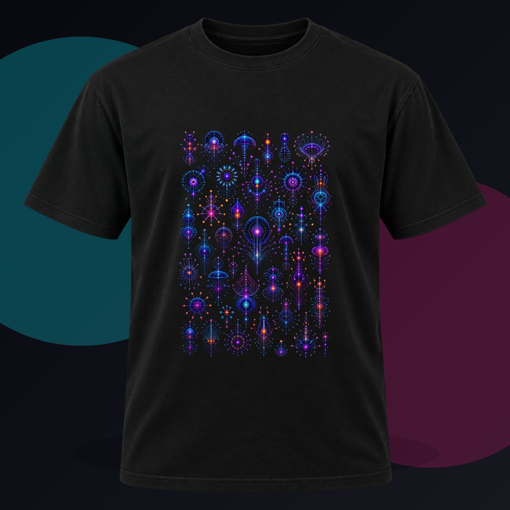 Deep Signal Menagerie original KOSVYRE design on a black graphic tee against a graphite studio background