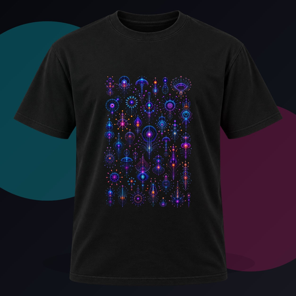 Deep Signal Menagerie original KOSVYRE design on a black graphic tee against a graphite studio background