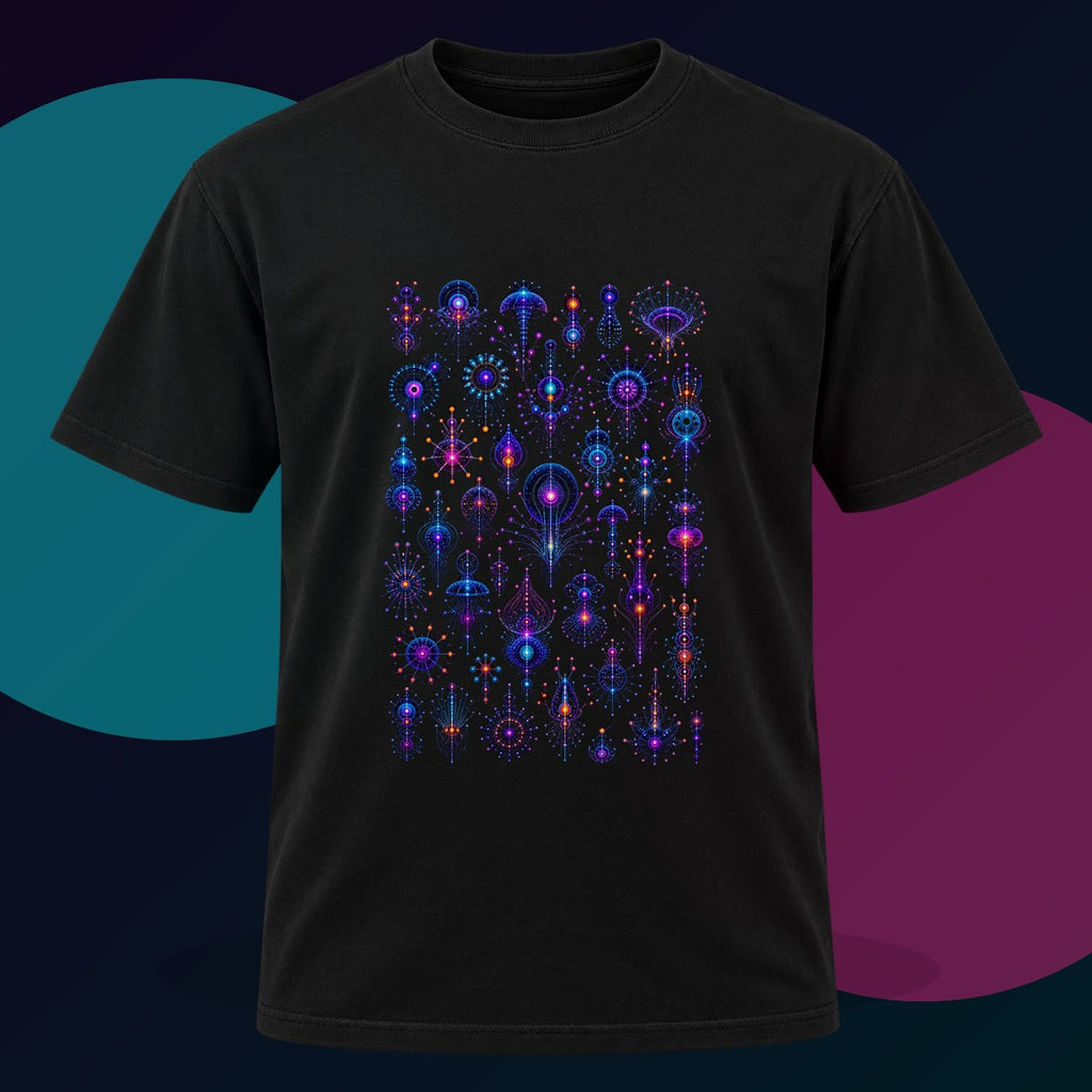 Deep Signal Menagerie original KOSVYRE design on a black graphic tee with cyan and violet studio lighting