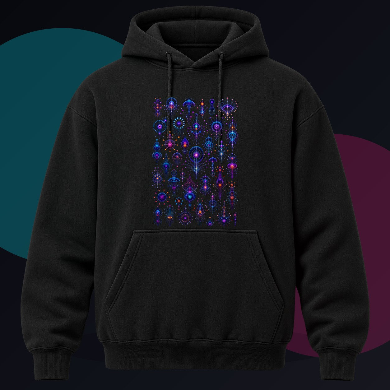 Deep Signal Menagerie original KOSVYRE design on a black hoodie against a graphite studio background