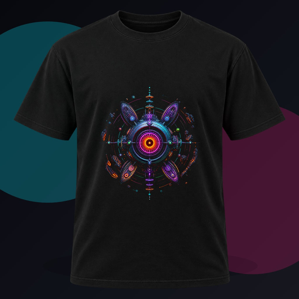 Deep Space Dialtone original KOSVYRE design on a black graphic tee against a graphite studio background