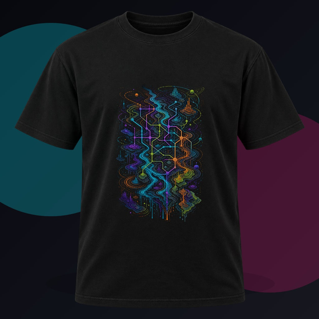 Dissolving Transit Map original KOSVYRE design on a black graphic tee against a graphite studio background