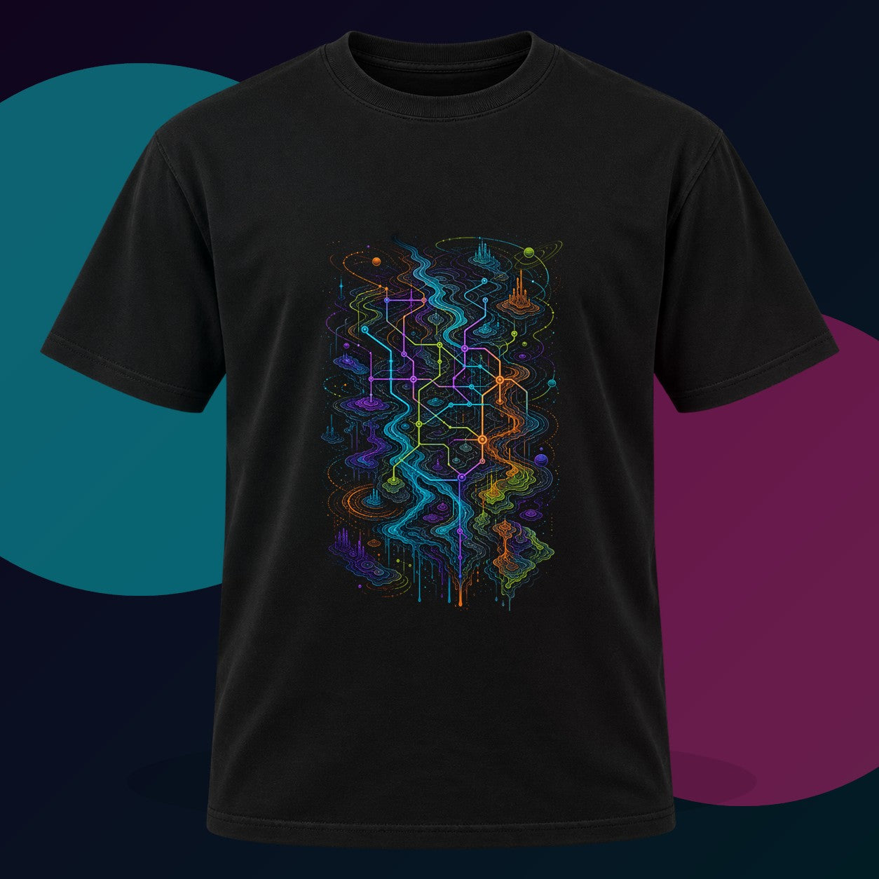 Dissolving Transit Map original KOSVYRE design on a black graphic tee with cyan and violet studio lighting