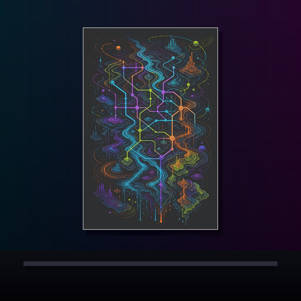 Dissolving Transit Map original KOSVYRE poster displayed in a dark psychedelic gallery setting