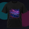 Dusk Relay Basin original KOSVYRE design on a black graphic tee against a graphite studio background