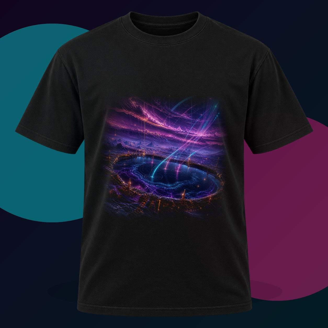 Dusk Relay Basin original KOSVYRE design on a black graphic tee with cyan and violet studio lighting