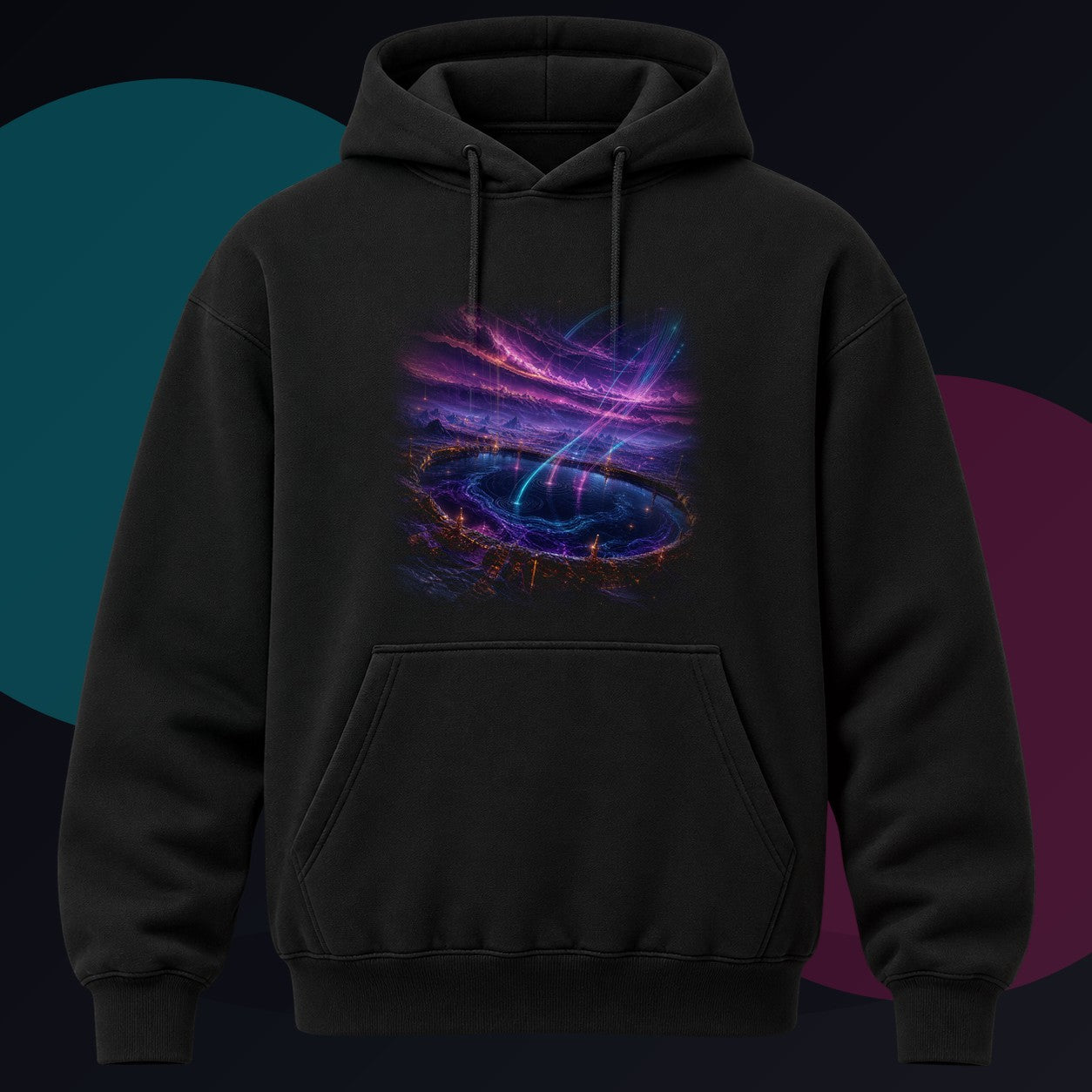 Dusk Relay Basin original KOSVYRE design on a black hoodie against a graphite studio background