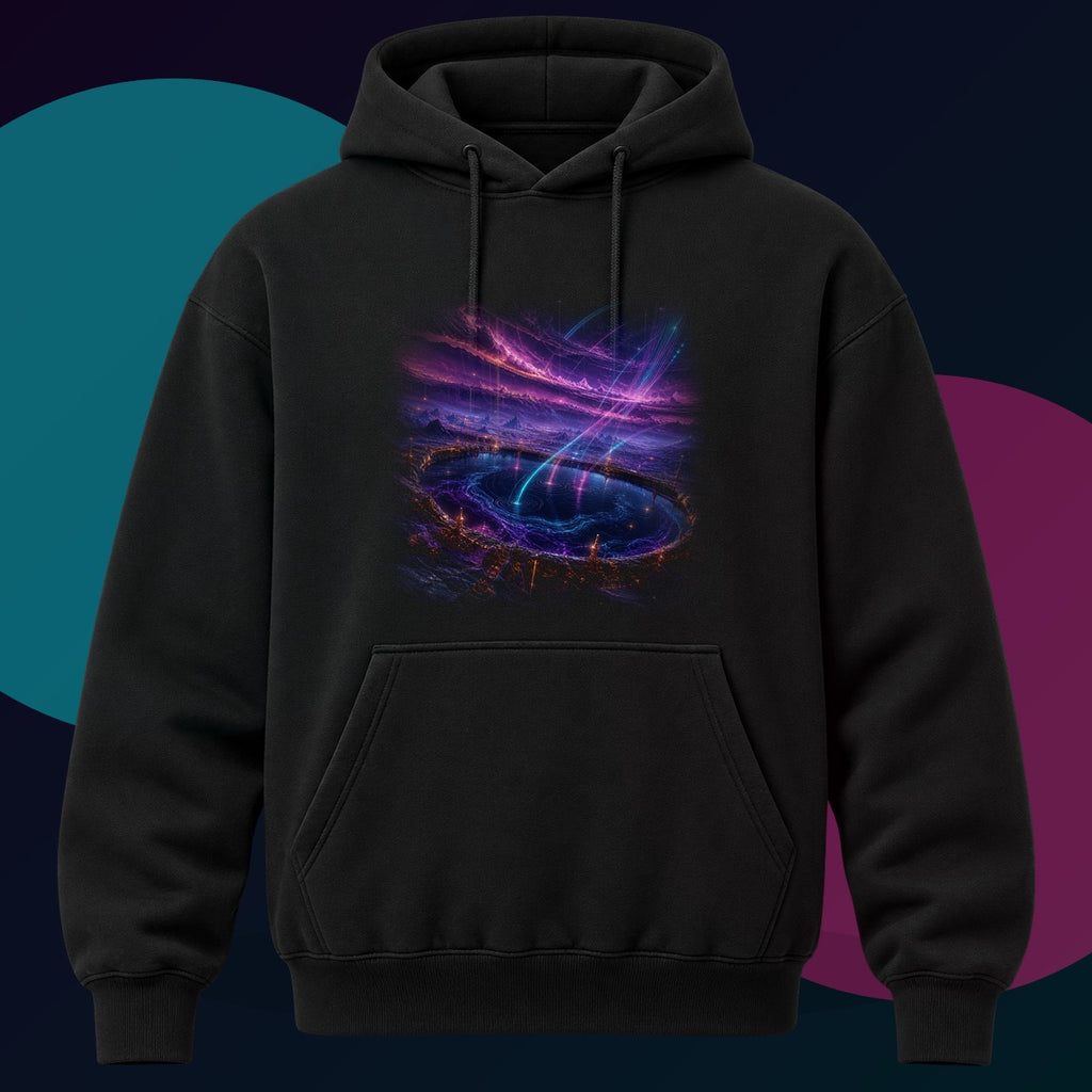 Dusk Relay Basin original KOSVYRE design on a black hoodie with cyan and violet studio lighting
