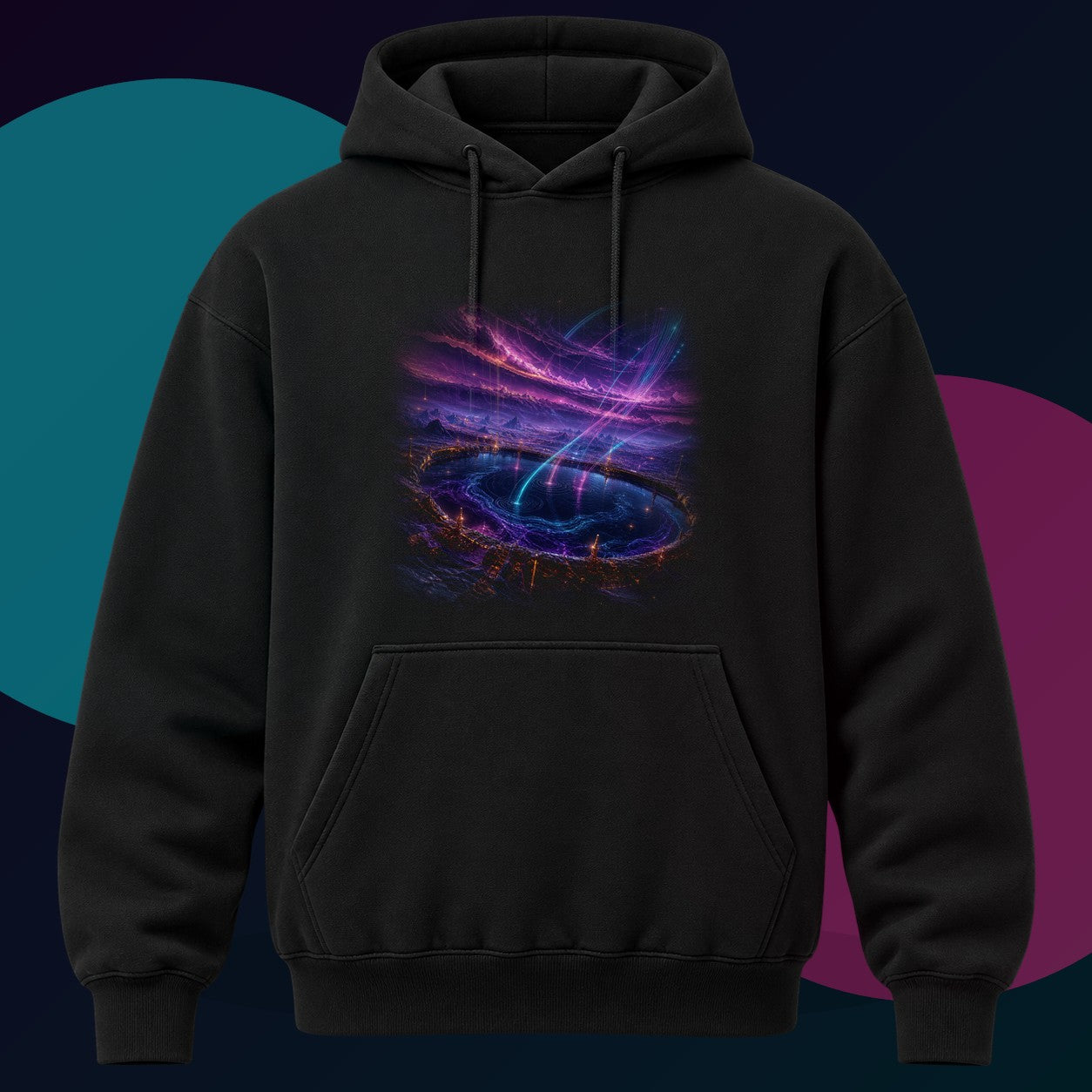 Dusk Relay Basin original KOSVYRE design on a black hoodie with cyan and violet studio lighting