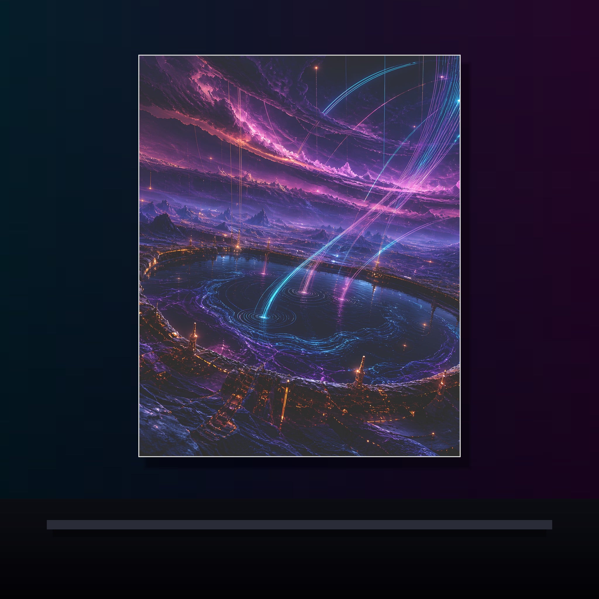 Dusk Relay Basin original KOSVYRE poster displayed in a dark psychedelic gallery setting