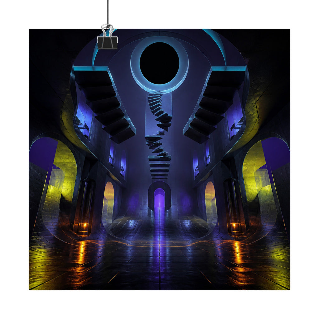Duskless Atrium original KOSVYRE art print displayed with binder clips