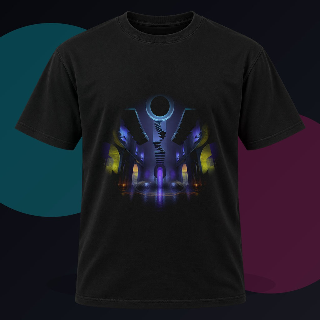 Duskless Atrium original KOSVYRE design on a black graphic tee against a graphite studio background