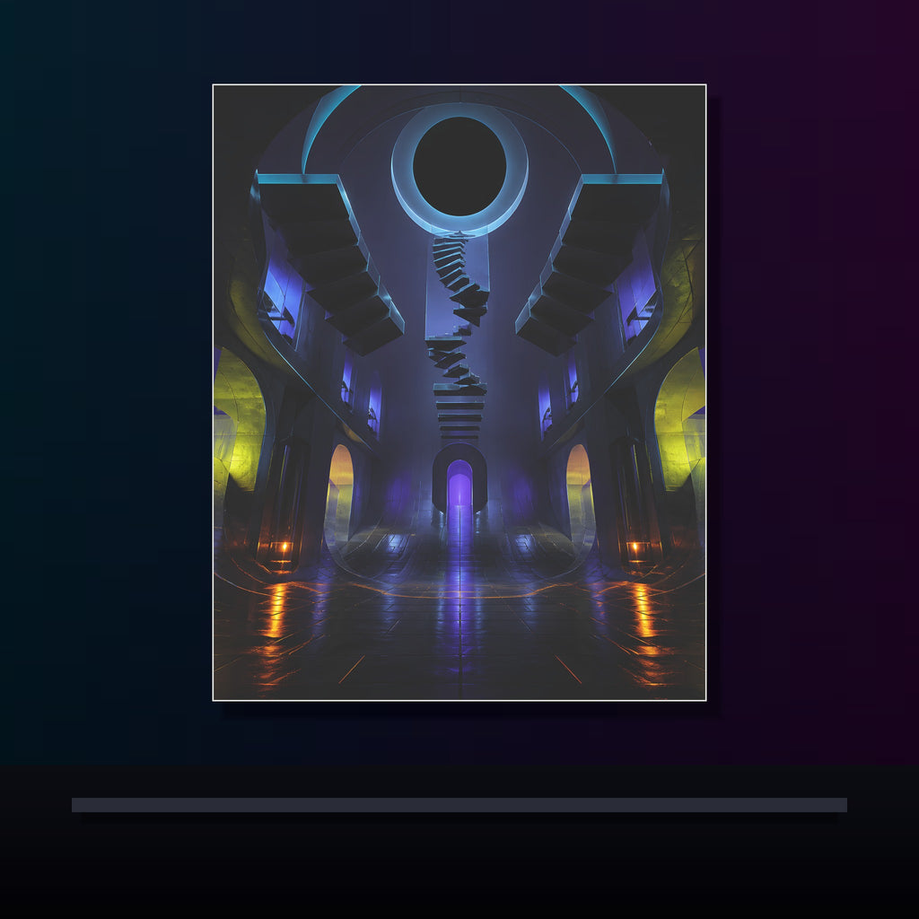 Duskless Atrium original KOSVYRE poster displayed in a dark psychedelic gallery setting