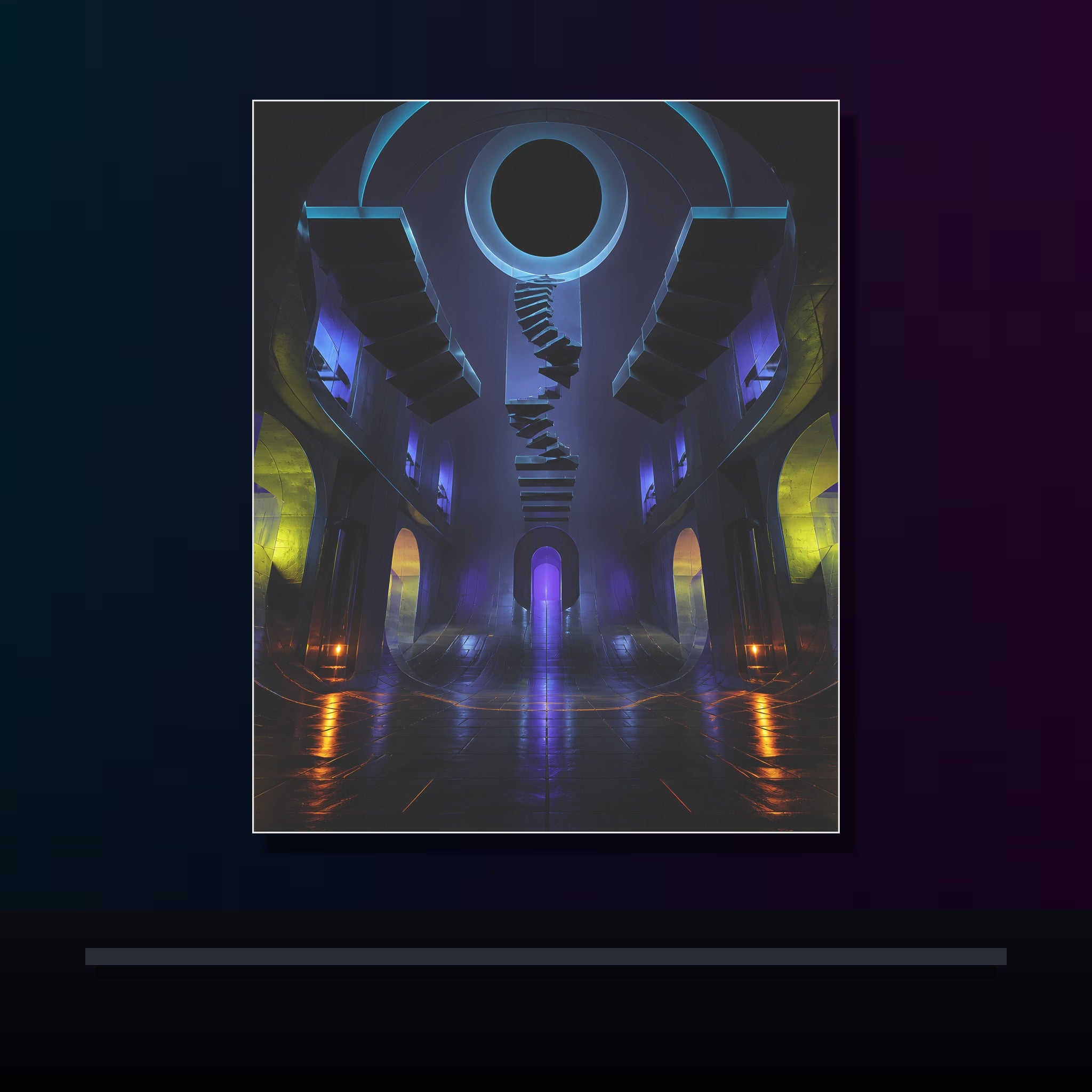 Duskless Atrium original KOSVYRE poster displayed in a dark psychedelic gallery setting
