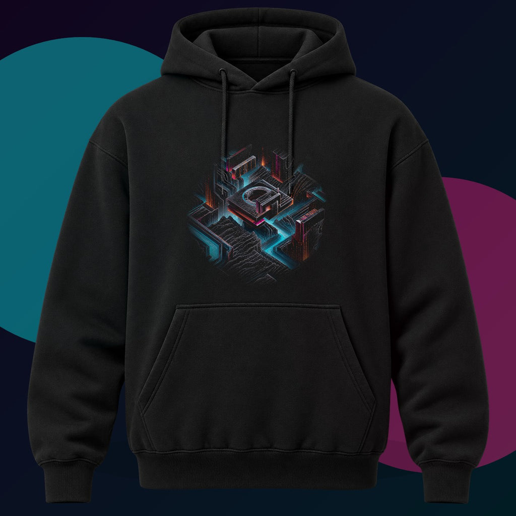 Echoes in the Salt Machine original KOSVYRE design on a black hoodie with cyan and violet studio lighting