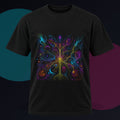 Electric Mycelium Bureau original KOSVYRE design on a black graphic tee against a graphite studio background
