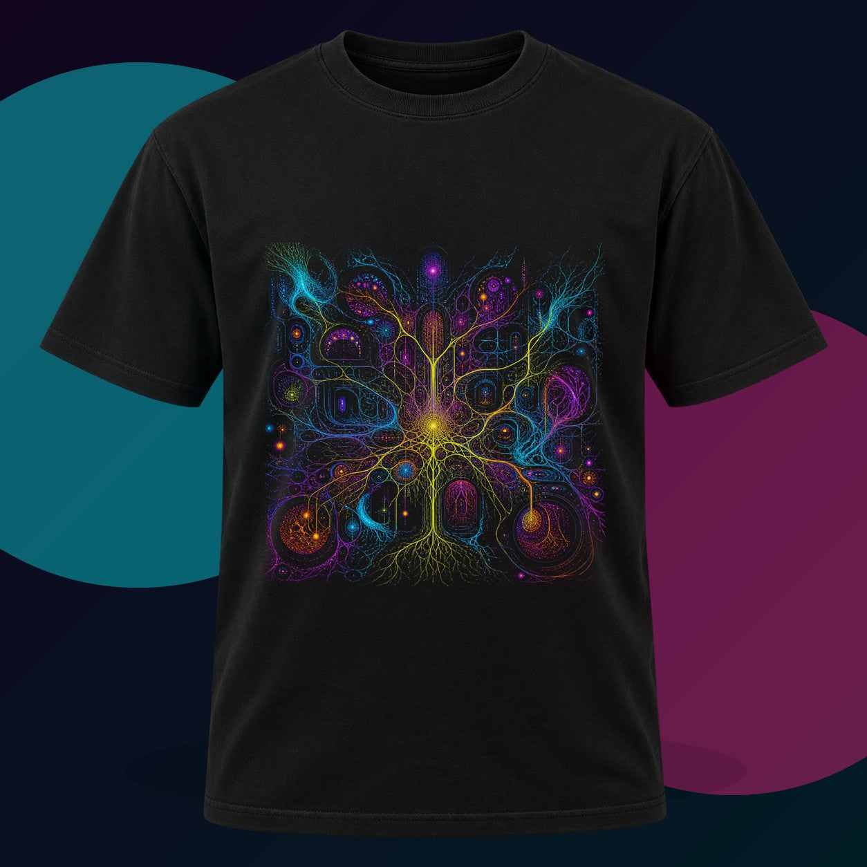 Electric Mycelium Bureau original KOSVYRE design on a black graphic tee with cyan and violet studio lighting