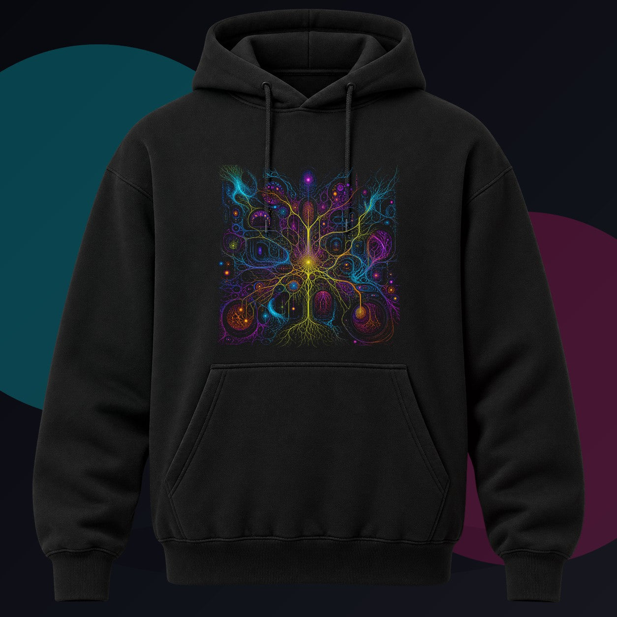 Electric Mycelium Bureau original KOSVYRE design on a black hoodie against a graphite studio background