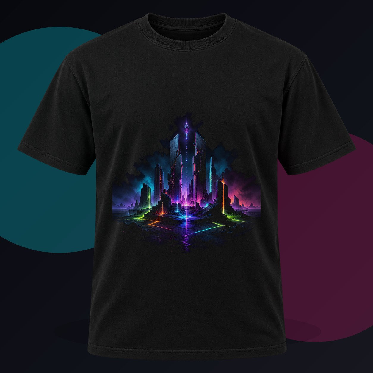 Electric Ruins original KOSVYRE design on a black graphic tee against a graphite studio background