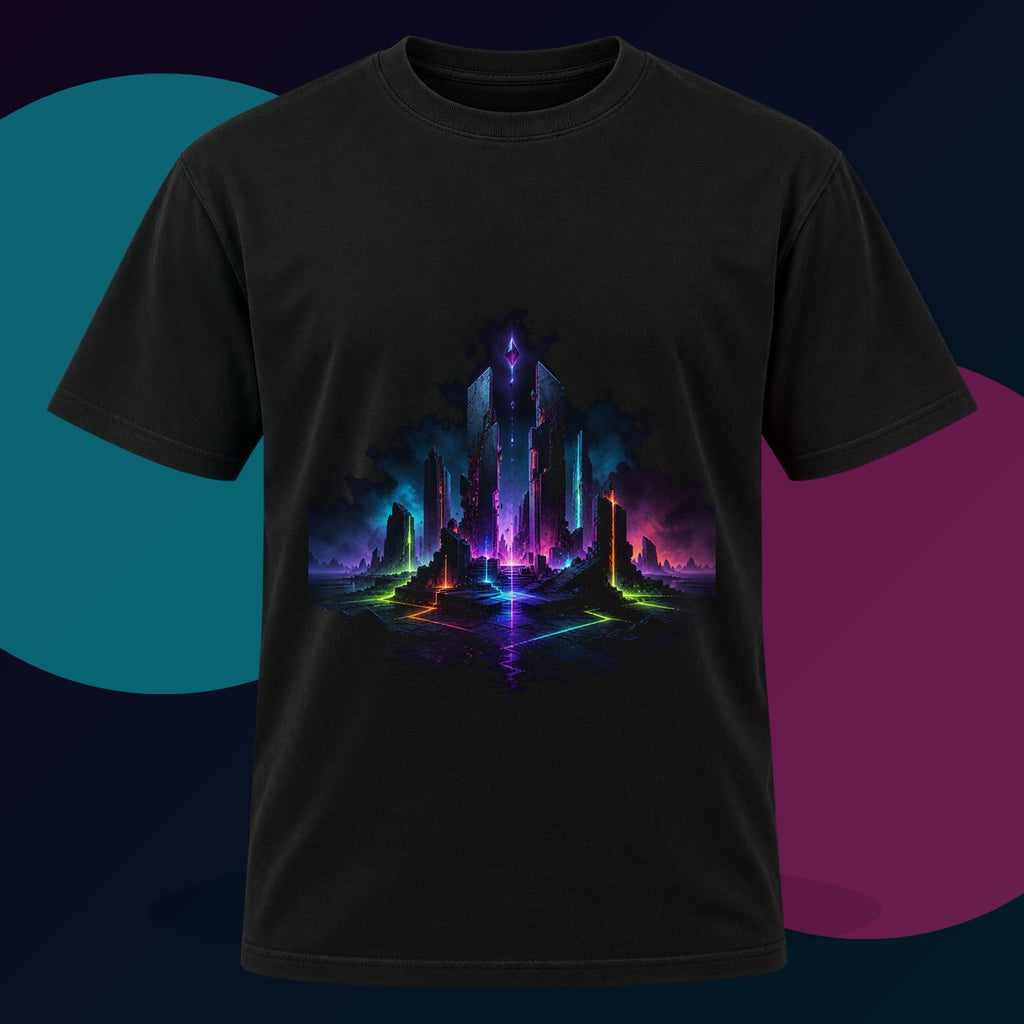 Electric Ruins original KOSVYRE design on a black graphic tee with cyan and violet studio lighting