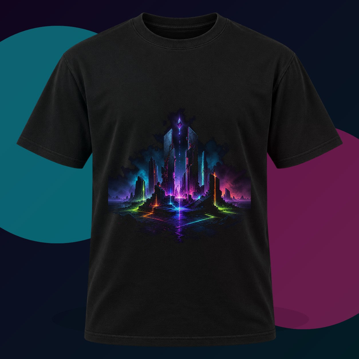 Electric Ruins original KOSVYRE design on a black graphic tee with cyan and violet studio lighting
