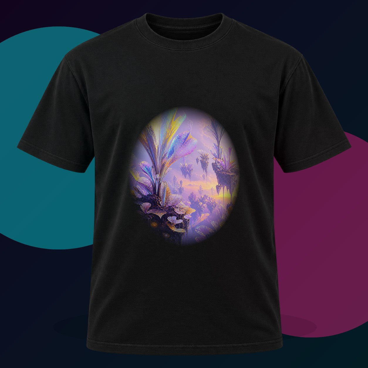 Elsewhere Orchard original KOSVYRE design on a black graphic tee with cyan and violet studio lighting