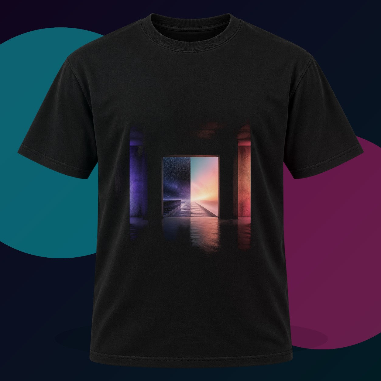 Empty Room Weather original KOSVYRE design on a black graphic tee with cyan and violet studio lighting