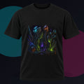 Entropy Garden original KOSVYRE design on a black graphic tee against a graphite studio background