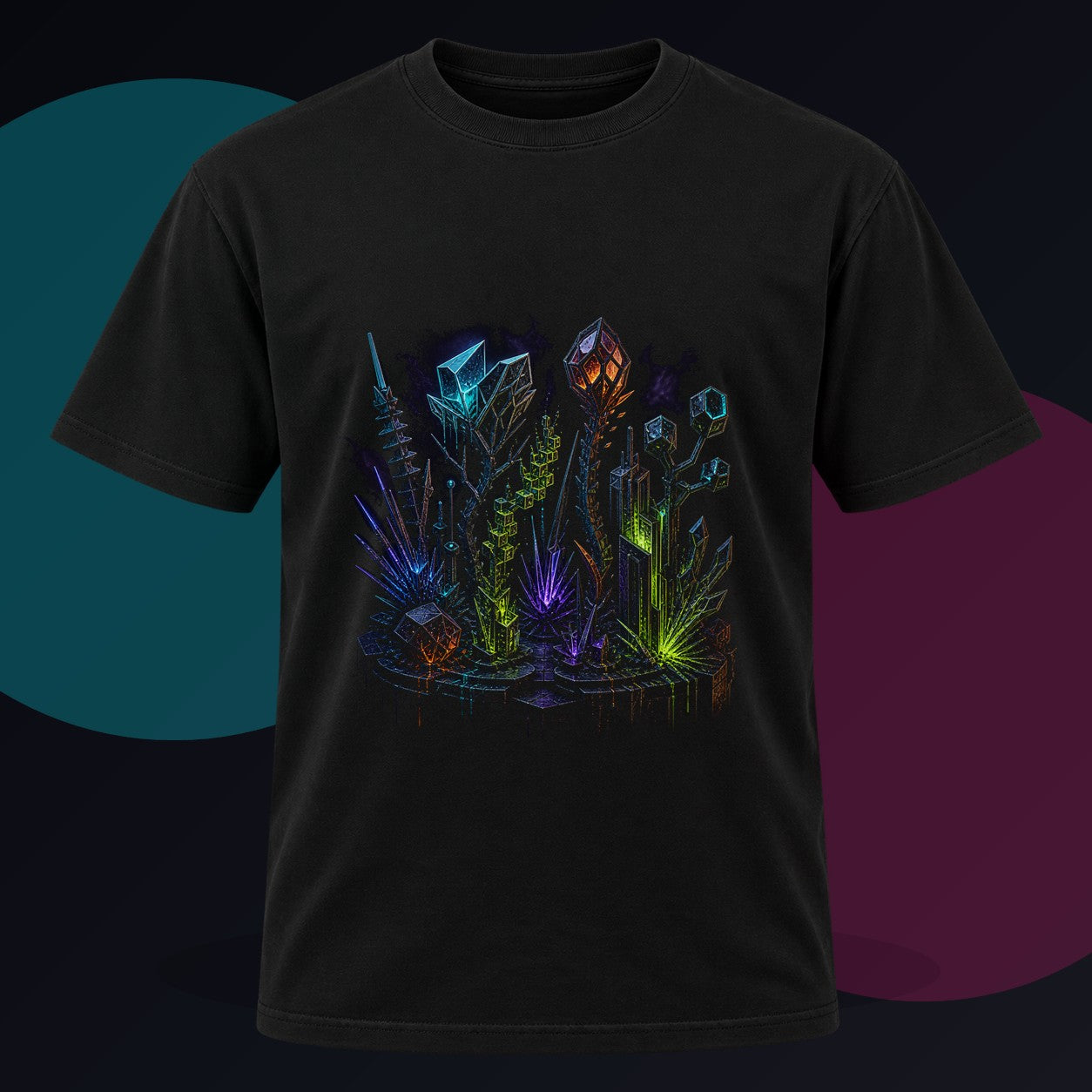Entropy Garden original KOSVYRE design on a black graphic tee against a graphite studio background
