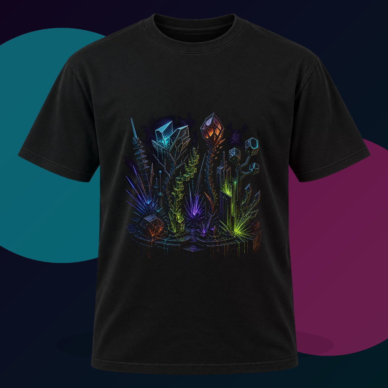 Entropy Garden original KOSVYRE design on a black graphic tee with cyan and violet studio lighting
