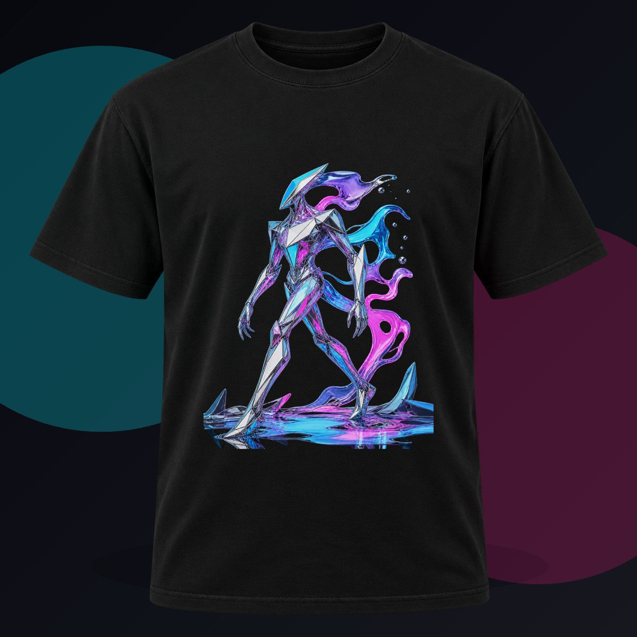 Faceted Tide Walker original KOSVYRE design on a black graphic tee against a graphite studio background