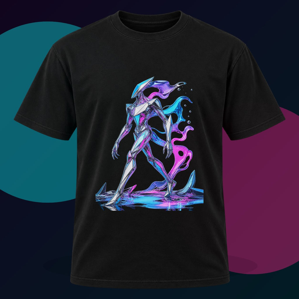 Faceted Tide Walker original KOSVYRE design on a black graphic tee with cyan and violet studio lighting