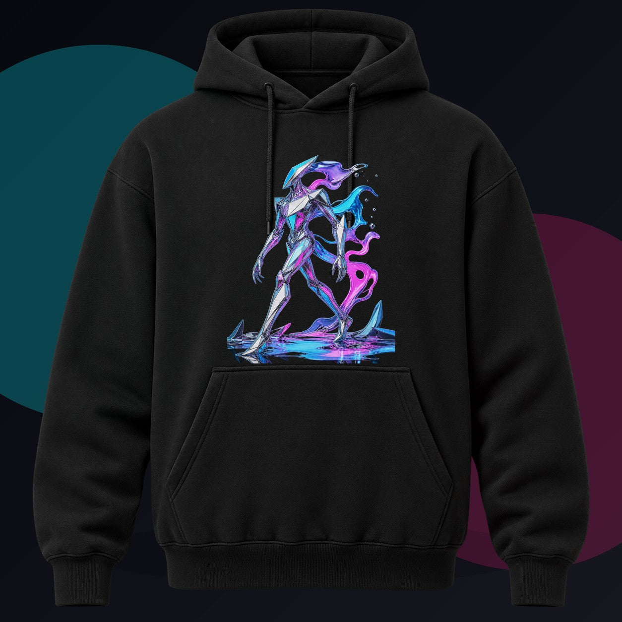 Faceted Tide Walker original KOSVYRE design on a black hoodie against a graphite studio background