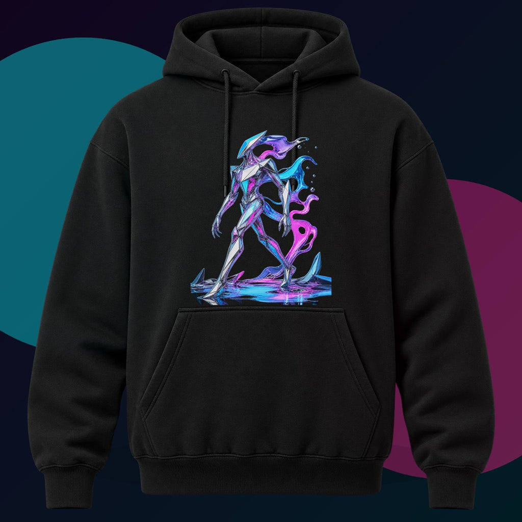 Faceted Tide Walker original KOSVYRE design on a black hoodie with cyan and violet studio lighting