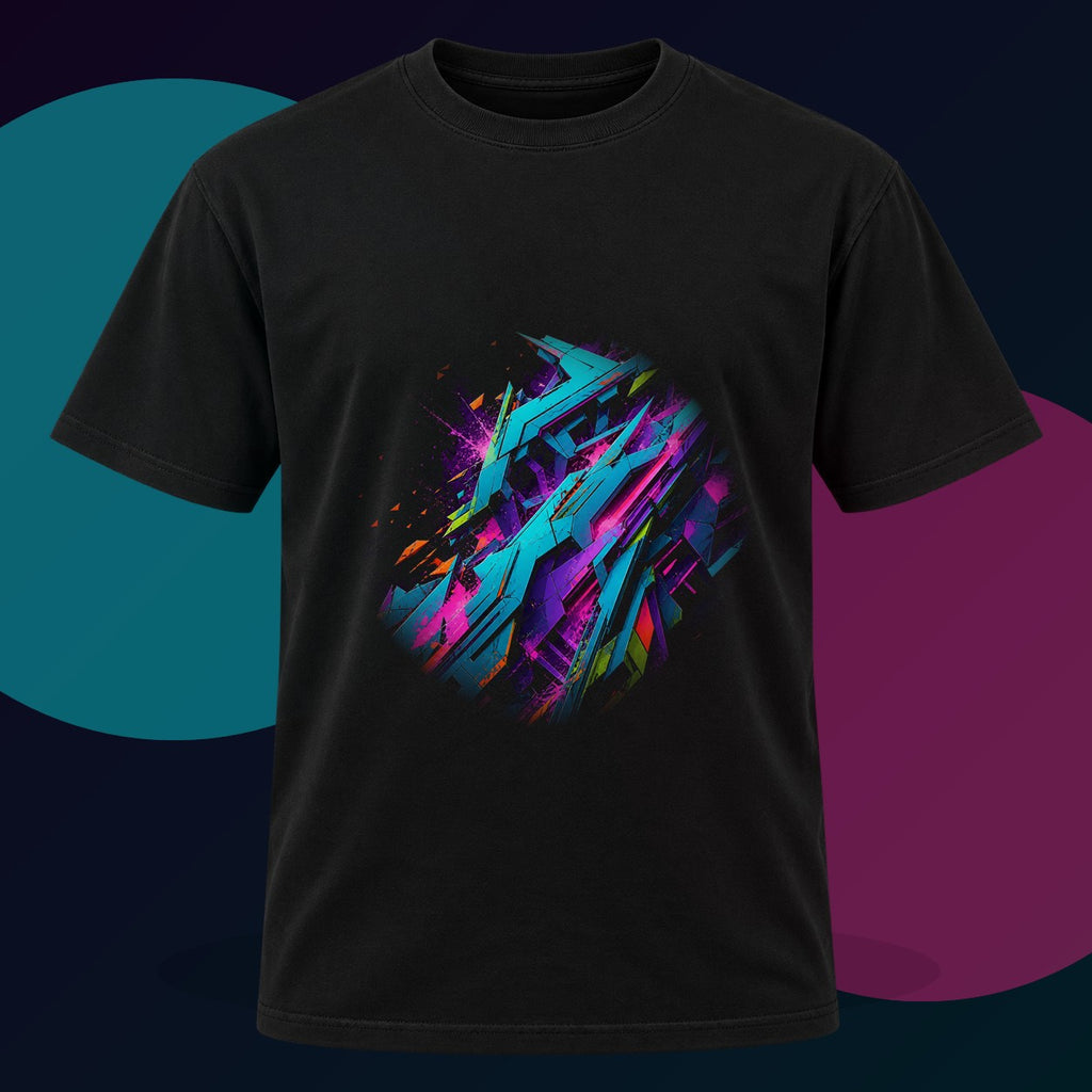 Feral Geometry Index original KOSVYRE design on a black graphic tee with cyan and violet studio lighting
