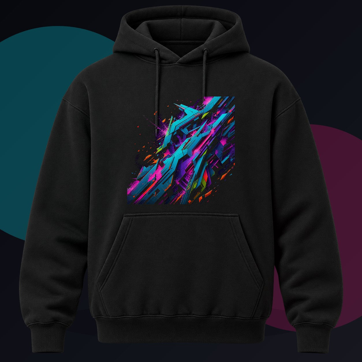 Feral Geometry Index original KOSVYRE design on a black hoodie against a graphite studio background