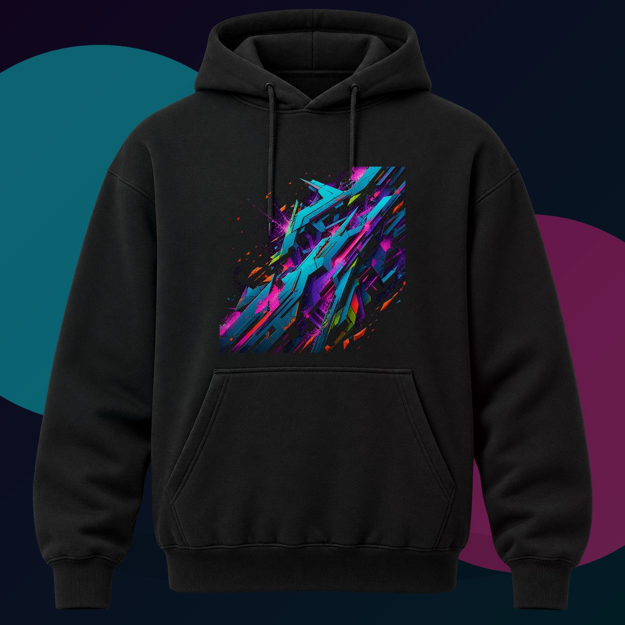 Feral Geometry Index original KOSVYRE design on a black hoodie with cyan and violet studio lighting