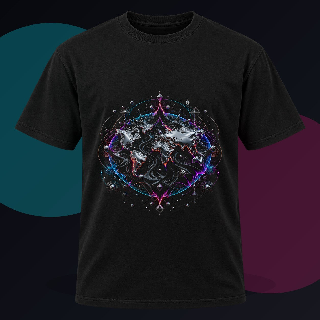 Ferrofluid Atlas original KOSVYRE design on a black graphic tee against a graphite studio background