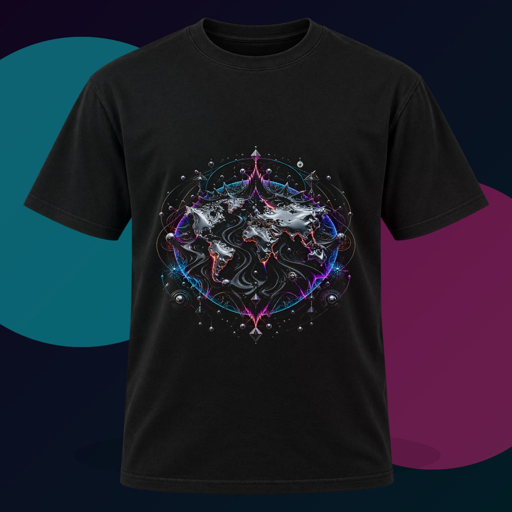 Ferrofluid Atlas original KOSVYRE design on a black graphic tee with cyan and violet studio lighting