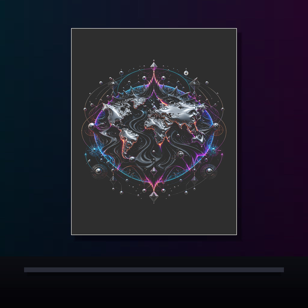 Ferrofluid Atlas original KOSVYRE poster displayed in a dark psychedelic gallery setting