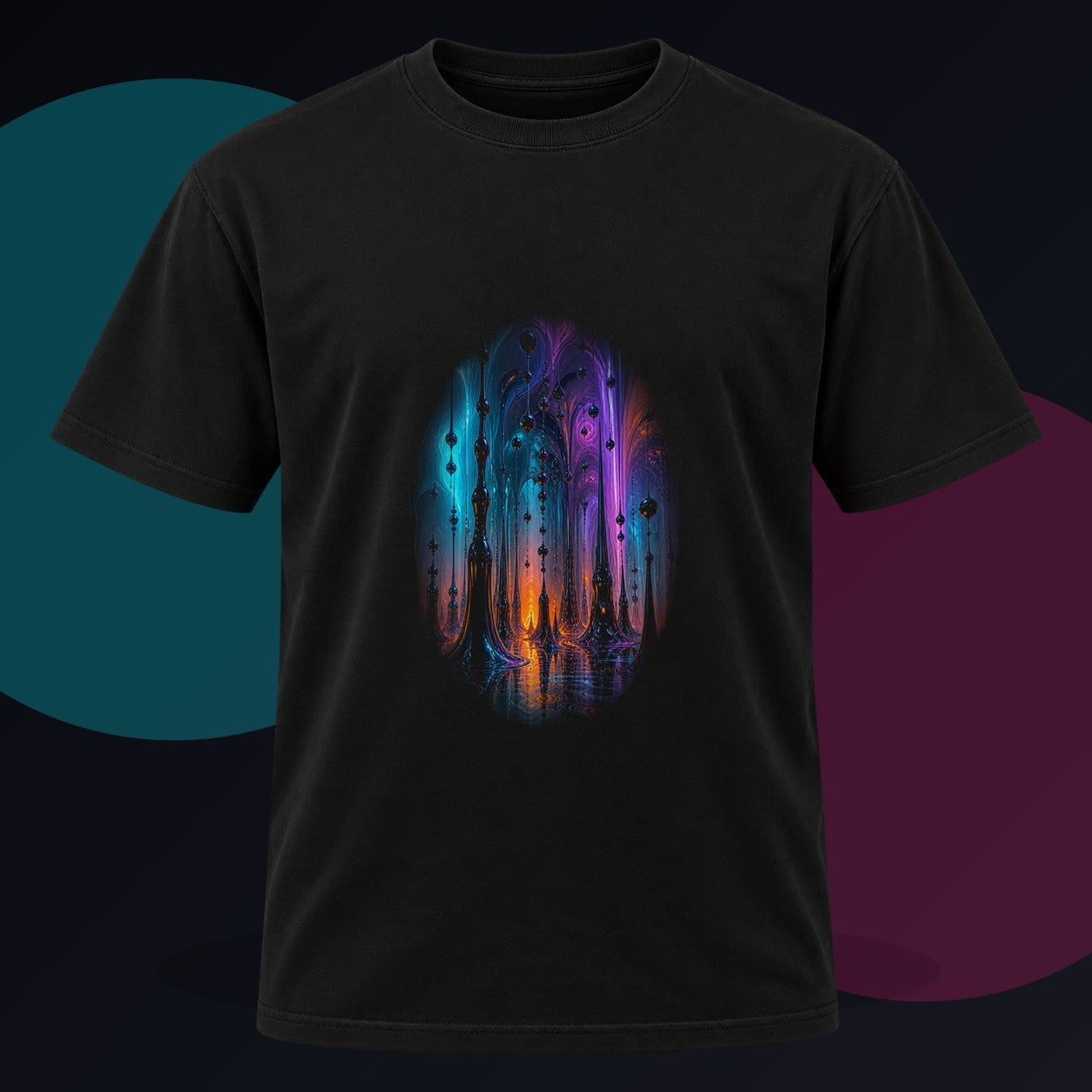 Ferrofluid Cathedral Choir original KOSVYRE design on a black graphic tee against a graphite studio background