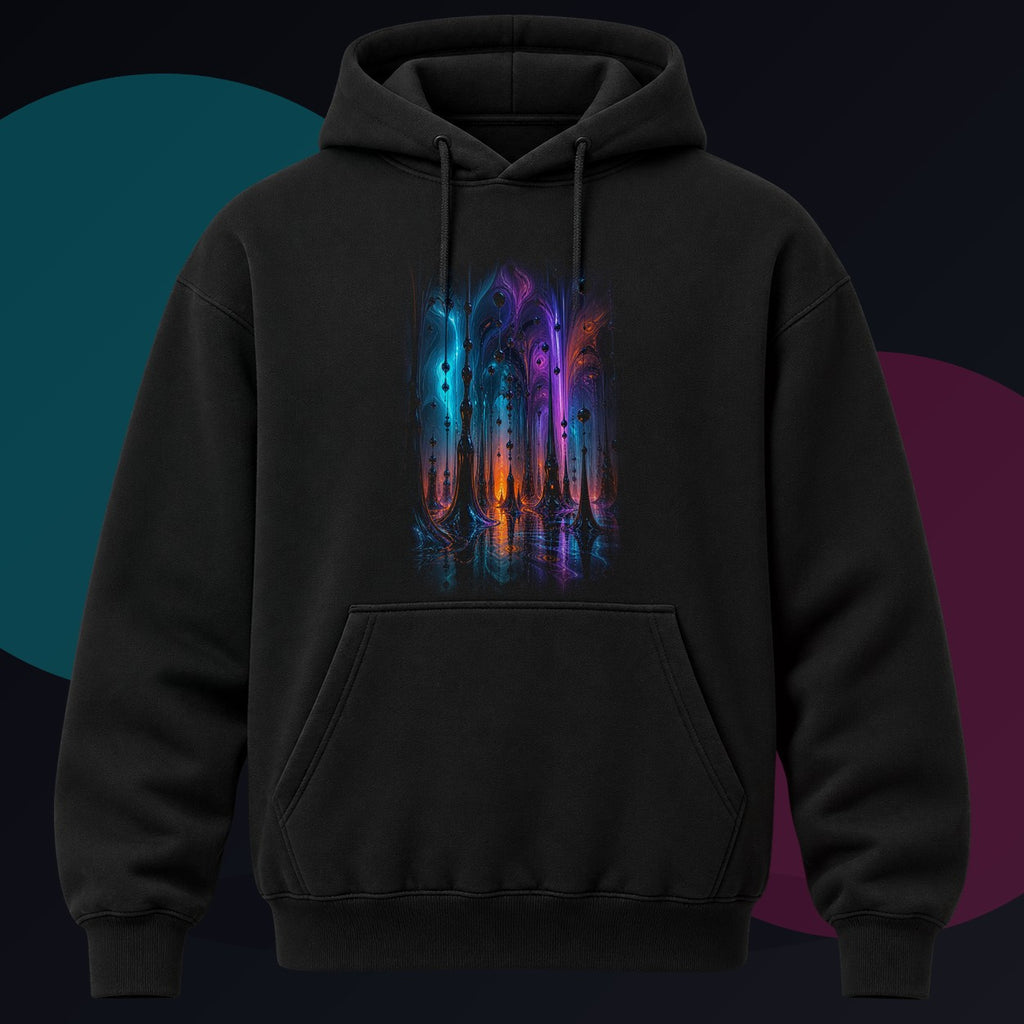 Ferrofluid Cathedral Choir original KOSVYRE design on a black hoodie against a graphite studio background