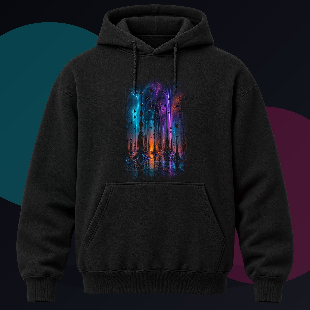 Ferrofluid Cathedral Choir original KOSVYRE design on a black hoodie against a graphite studio background