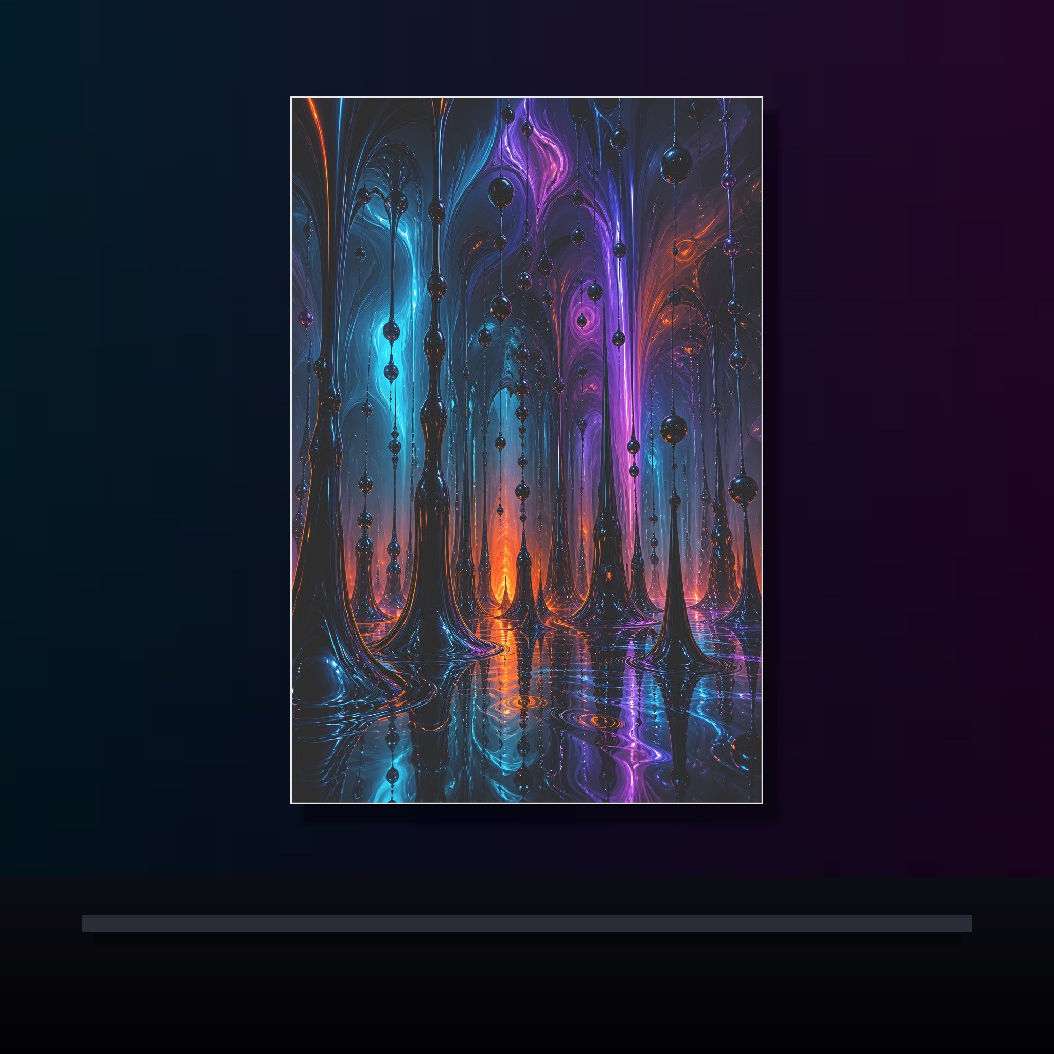 Ferrofluid Cathedral Choir original KOSVYRE poster displayed in a dark psychedelic gallery setting