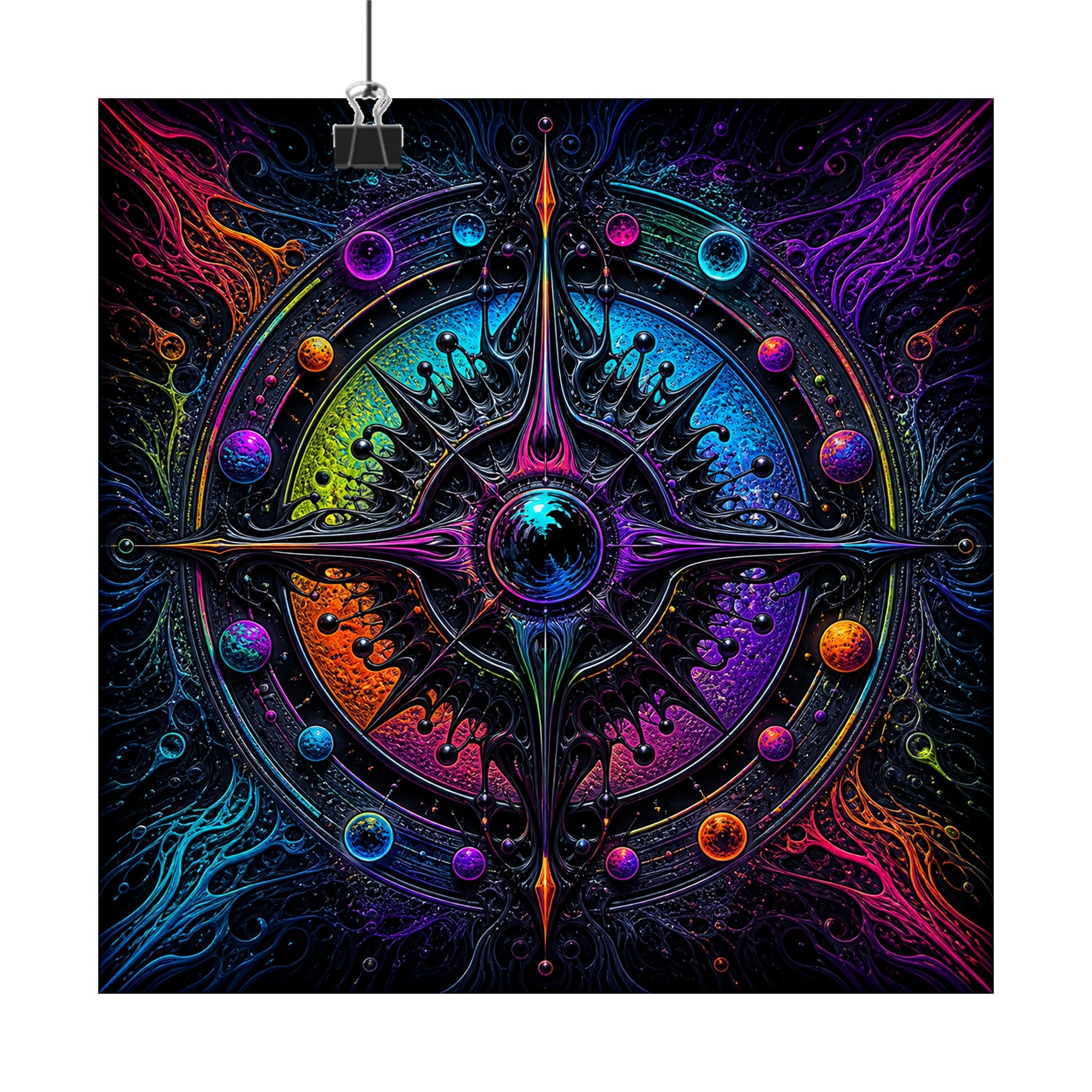 Ferrofluid Dream Compass original KOSVYRE art print displayed with binder clips