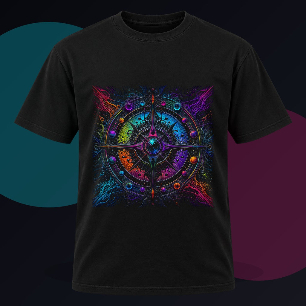 Ferrofluid Dream Compass original KOSVYRE design on a black graphic tee against a graphite studio background